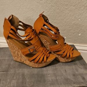 Nature Breeze Tan Strappy Wedge Sandals
